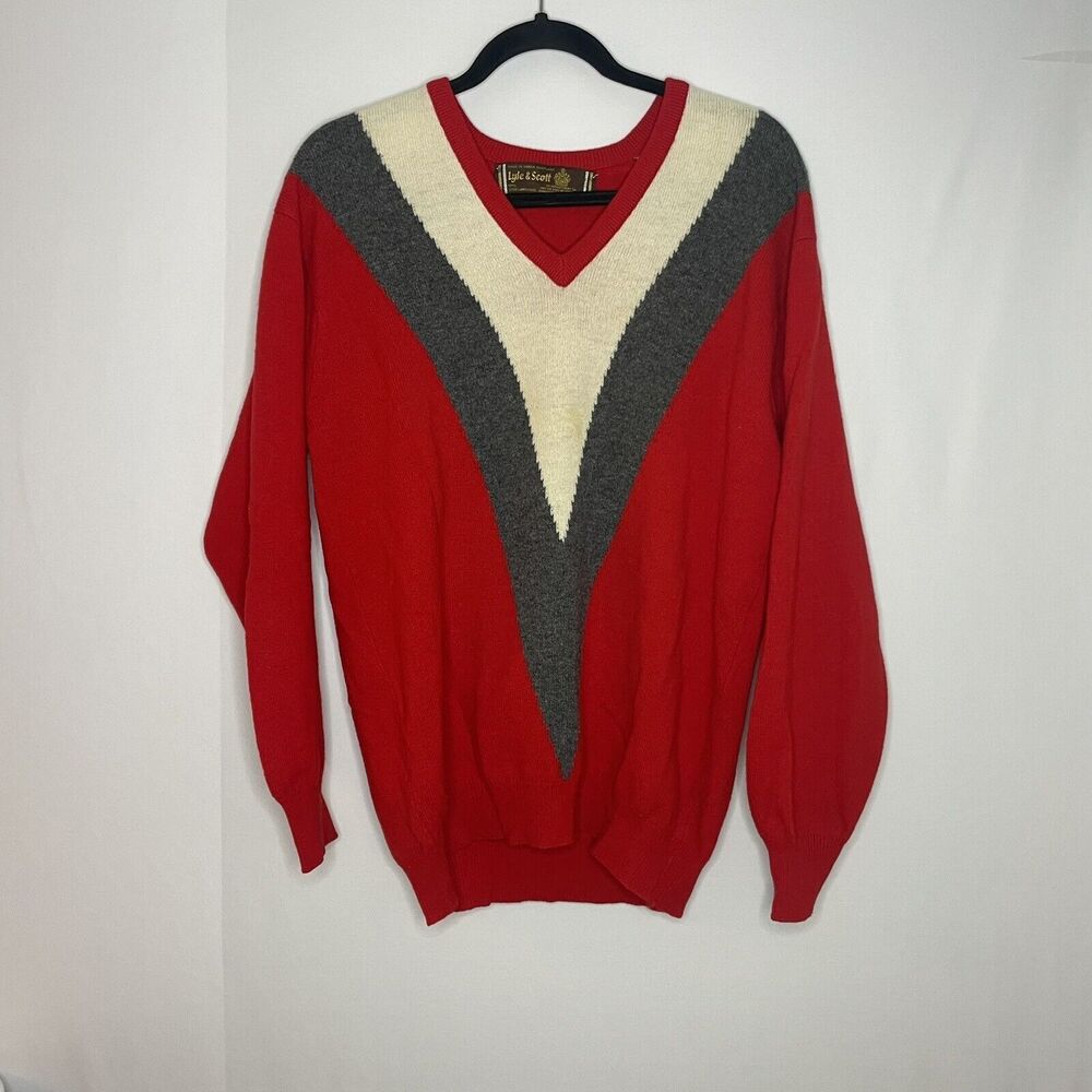 Lyle & Scott Sweater Men Size 42 Red V Neck Pullover Color Block Super Lambswool